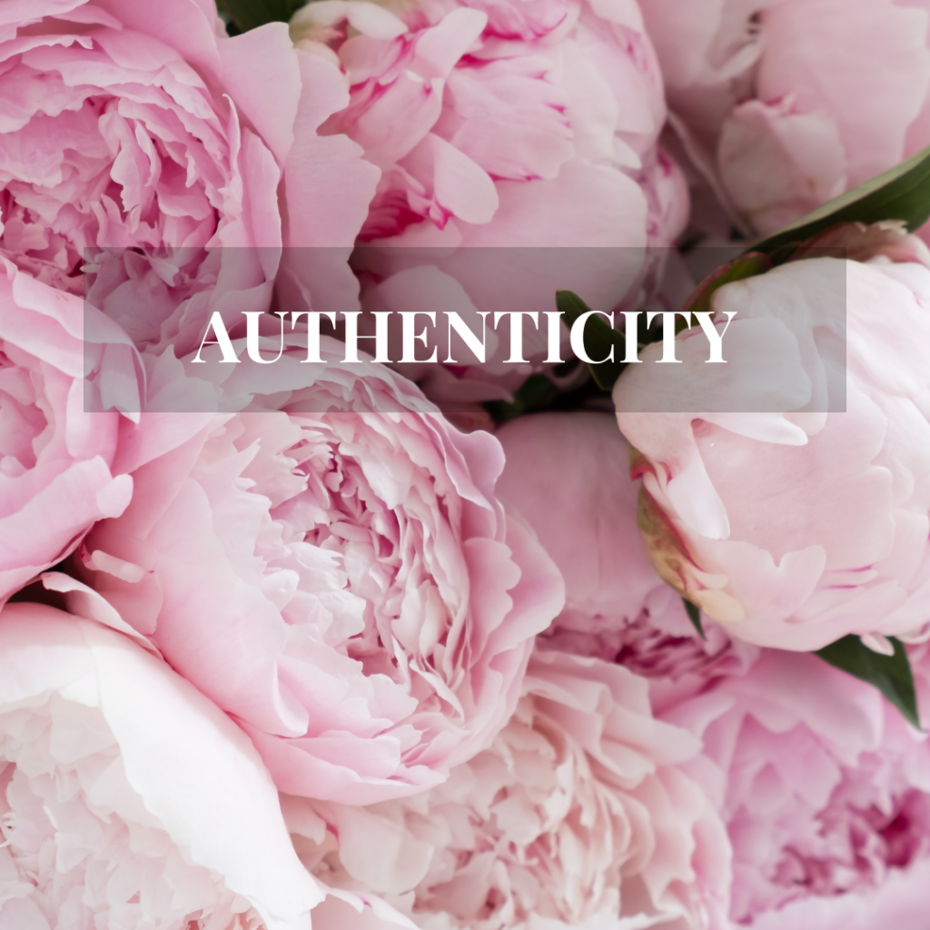 Peonies as background - the word "Authenticity" in the foreground